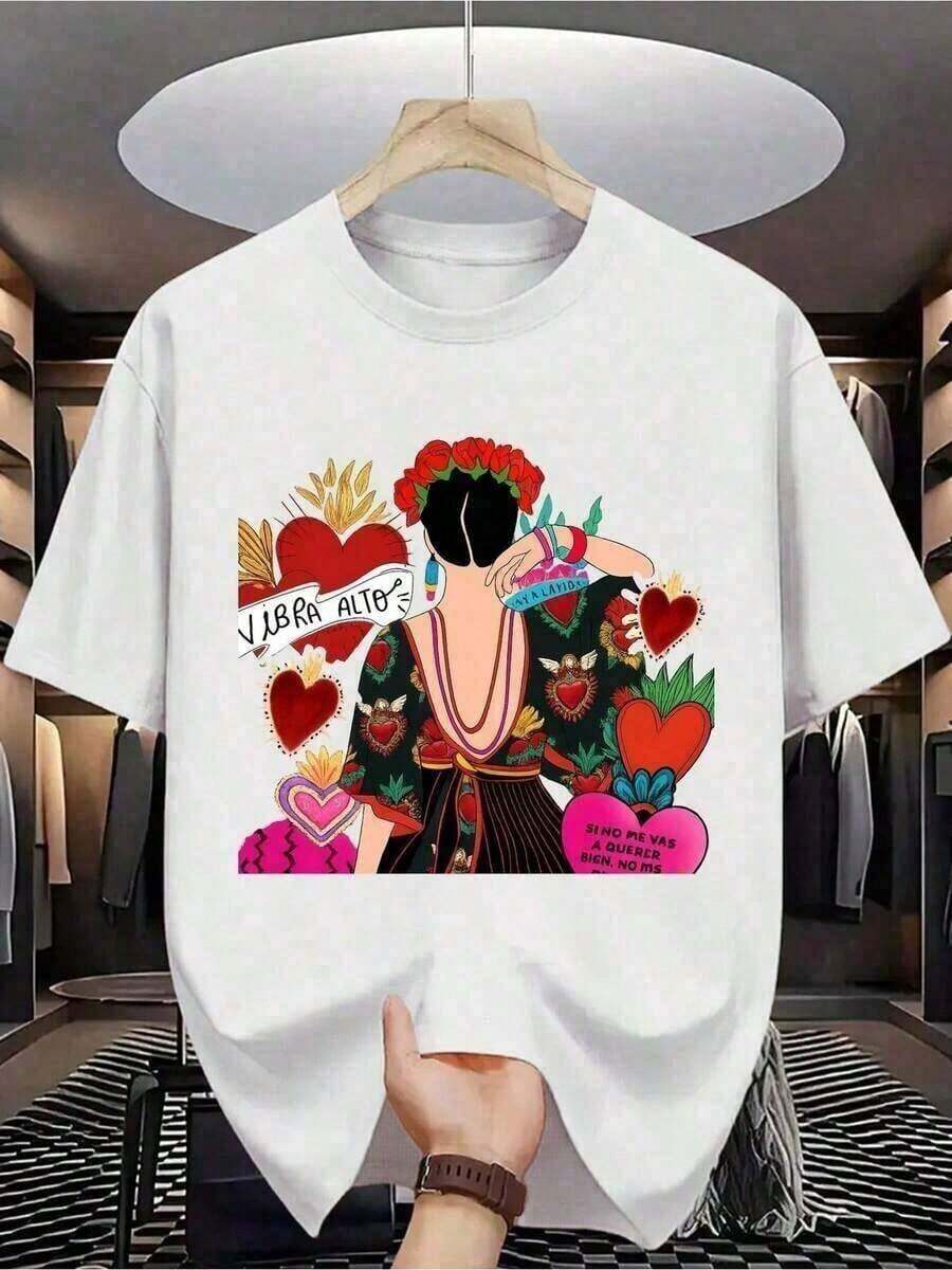 Women's 100% Cotton Short-Sleeve T-Shirt - Men's Cotton T-Shirt - Short Sleeve, Crew Neck, Digital Print, Comfortable For All Seasons, Machine Washable, Ideal For Daily Outings, Circular Design, Casual Summer T-Shirt, Mexican Folk Art Style Muscle Freaks Frida Hearts, Fashionable Women's Clothing, Crew Neck, 100% Cotton, Soft Fabric, Short Sleeve - 黑色 - 查看 1
