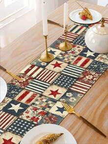 1pc, Retro 4Th Of July Table Runner With Vintage Patchwork For The 250Th Anniversary Of American Independence Day, A Patriotic Decoration For Home Kitchen Table - Dusty Blue - View 5