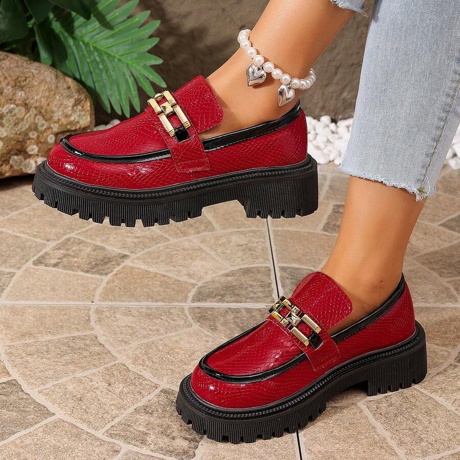 Women's Fashion Thick Sole PU Leather Loafers - Red - View 1