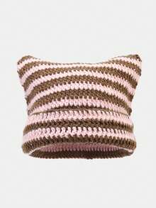 1pc Unisex Handmade Crochet Cat Ear Knit Hat, HipHop Hollow Out Striped Beanie With Detachable Metal Pin And Tassel - Multicolor - View 23