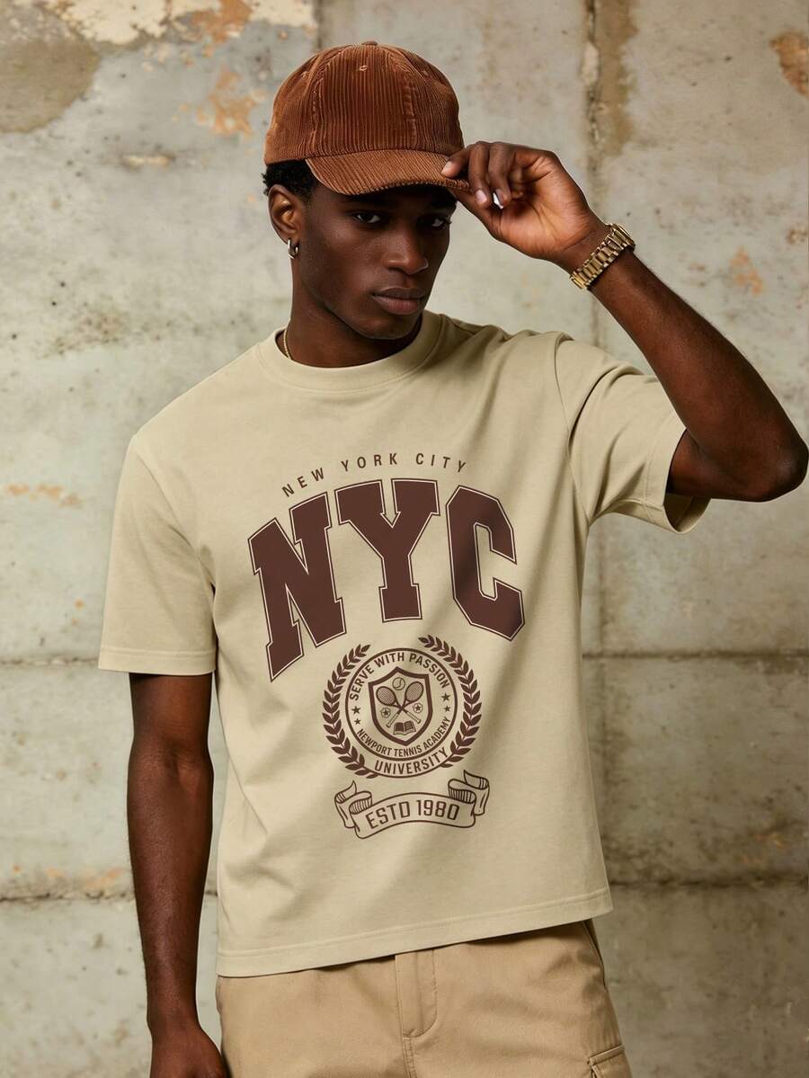 Áo thun nam tay ngắn cổ tròn in hình logo NY tối giản, thích hợp mặc mùa hè. - Màu Khaki - Xem 1