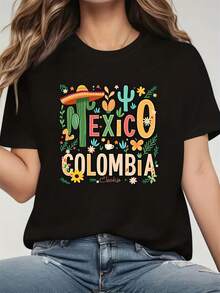 Camiseta Gráfica GiftMexico Colombia - Estampado de Cultura Latina (Letras de México y Colombia) - Cuello Redondo Suave, Manga Corta, Estilo Casual de Verano, Ropa Urbana - Corte Unisex para Adultos, Atuendo Festivo y Casual - Mismo estilo para hombres y mujeres, verano 2026, manga corta, suave. - Negro - Ver 7