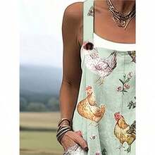(Free Shipping)Women's Farm Chicken Floral Print Knit Overalls With Pockets, Machine Washable, Casual Vacation Outfit, Versatile For Daily Wear & Sports - Multicolor - View 1