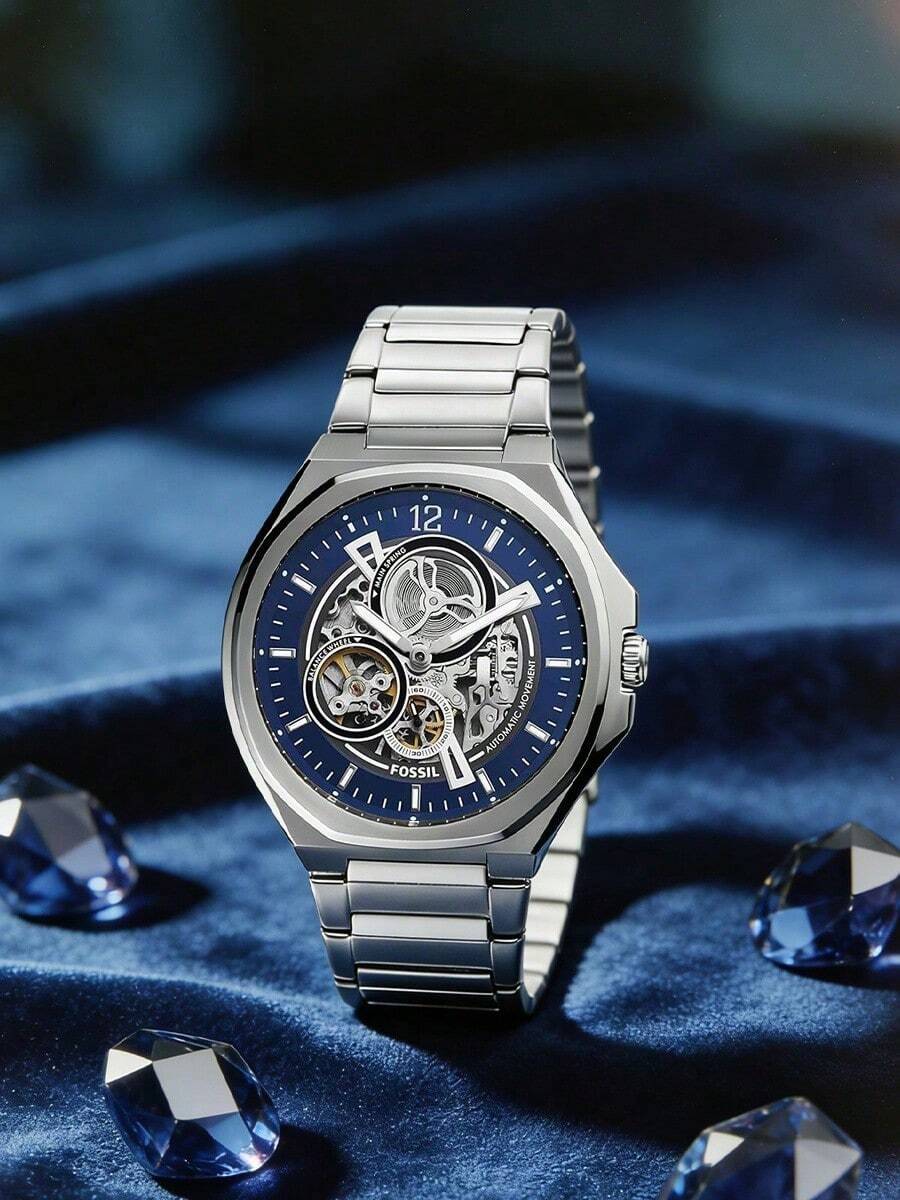 Fossil BQ2620 Evanston 男士自动机械表,蓝色镂空表盘,不锈钢材质,50米防水 - 藍色 - 查看 1
