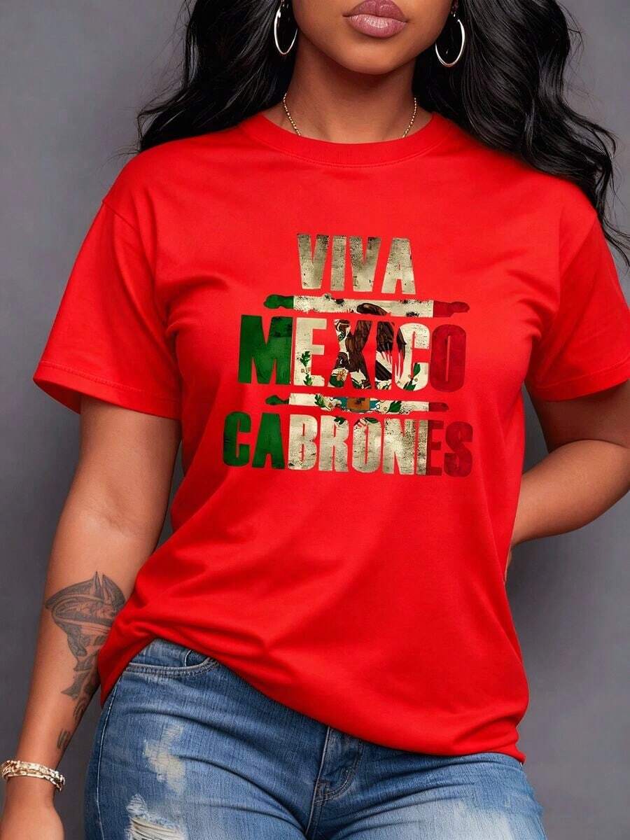 This Vibrant 100% Cotton Women's T-Shirt Displays The Bold Message VIVA MEXICO With The Mexican Flag And Eagle Fused In A Textured Effect. It Proudly Expresses The Nation's Rich Culture And Indomitable Spirit. - 紅色 - 查看 1