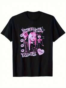 Pretty N Punk Angel Dolls Vintage Graphic T-Shirt - Black With Pink Punk Design, Unisex 100% Streetwear T-Shirt, Breathable And Durable, Perfect Gift For Men And Women, Punk Blouses And Tops, Crew Neck T-Shirt, Y2k Adult Clothing - 黑色 - 查看 1