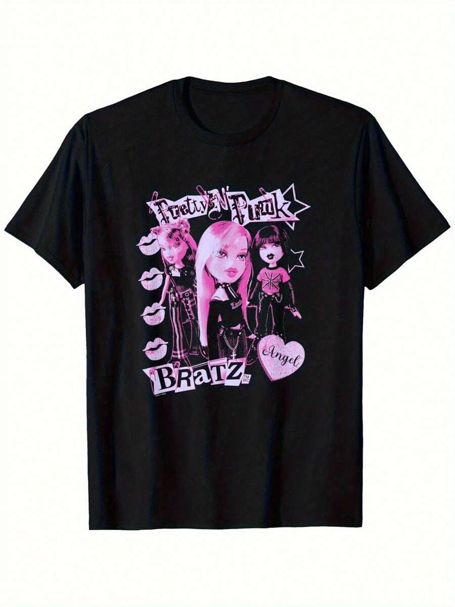 Pretty N Punk Angel Dolls Vintage Graphic T-Shirt - Black With Pink Punk Design, Unisex 100% Streetwear T-Shirt, Breathable And Durable, Perfect Gift For Men And Women, Punk Blouses And Tops, Crew Neck T-Shirt, Y2k Adult Clothing - 黑色 - 查看 1