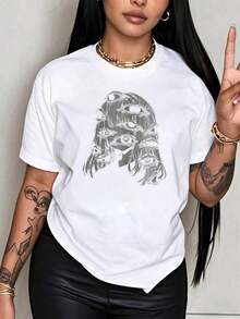 Under The Radar Crew Neck Funny Print Black Graphic T-Shirt With Multi-Eyes Artistic Design, Plus Size Casual Top For Women, Unisex Fashion T-Shirt, Ideal For Party Gifts - Vintage Urban Style, Unisex Loose Fit Cotton Short Sleeve Crew Neck T-Shirt - 白色 - 查看 7