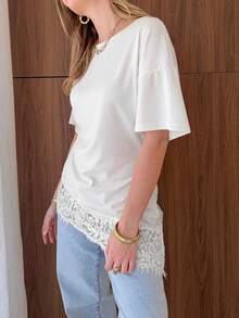 New Arrival Fashion Contrast Lace Asymmetrical Hem Knit Long Top Summer - White - View 2