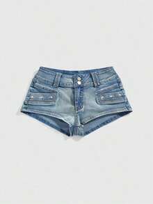 SHEINxHITOMI ROMWE Shorts de Mezclilla para Mujer, Estilo Vintage, Desgastados, de Cintura Baja, con Tachuelas y Calaveras, Sexy - Azul 2 - Ver 8