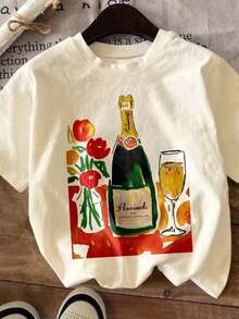 Camiseta de manga corta con cuello redondo y estampado de botella de champán, talla grande, ajuste regular de tela elástica de alta calidad para looks casuales de moda,Camiseta Gráfica Vintage Oversized Mujer Algodón - Albaricoque - Ver 3