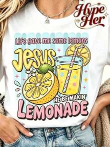Vintage HypeHer Nueva Camiseta de Verano 2026 para Mujer con Estampado 'Jesus Lemonade', Camiseta Gráfica 'But My Jesus He Be Makin' Lemonade', Estilo Casual Urbano de Playa y Vacaciones, Camiseta Holgada Multifuncional de Cuello Redondo Beige de Manga Corta, Regalos Ideales para Pascua, Ropa de Verano para Mujer. Moda - Blanco 2 - Ver 3