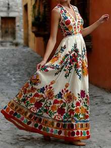 Spring/Summer New Women's Dress, Summer Vacation Outfit, Women's Apparel, Holiday Dress, White Base With Multicolor Floral Print, Sleeveless V-Neck Cinched Waist Flared Maxi Dress, Fashionable Summer Country Style, Elegant Palace Style, Daily/Beach/Vacation Bohemian Dress, Versatile - Multicolor - View 9