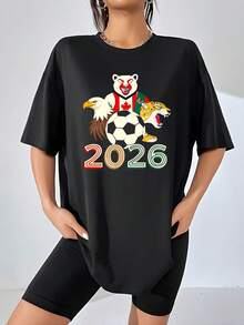 Image Of An Eagle, A Polar Bear, And A  Surrounding A Soccer Ball Next To The Number 2026, Symbolizing The Sporting Union Between Northern Countries And The Passion For World Soccer. Women's T-Shirt, 100% Cotton, Casual, Comfortable For Sports Fans - 黑色 - 查看 6
