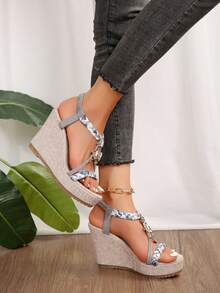 Women's Fashion Round Toe Open Toe Summer Plus Size Bohemian Style Platform Wedge Sandals - Blue - View 3