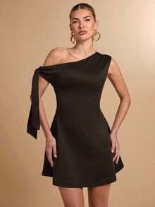 Falda asimétrica elegante de línea A con volantes en el bajo y detalle de lazo en el hombro en diseño ajustado negro para mujer - Café integral - Ver 7