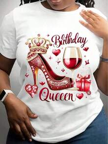 Camiseta Gráfica de Cumpleaños para Mujer - Camiseta de Cuello Redondo con Diseño de Tacón Alto Rojo Brillante, Corona y Copa de Vino, Top Casual de Manga Corta para Celebraciones de Primavera/Verano, Ropa de Moda de Primavera, Camiseta Gráfica de Cuello Redondo, Lavable a Máquina, Camiseta de Algodón - Blanco - Ver 6