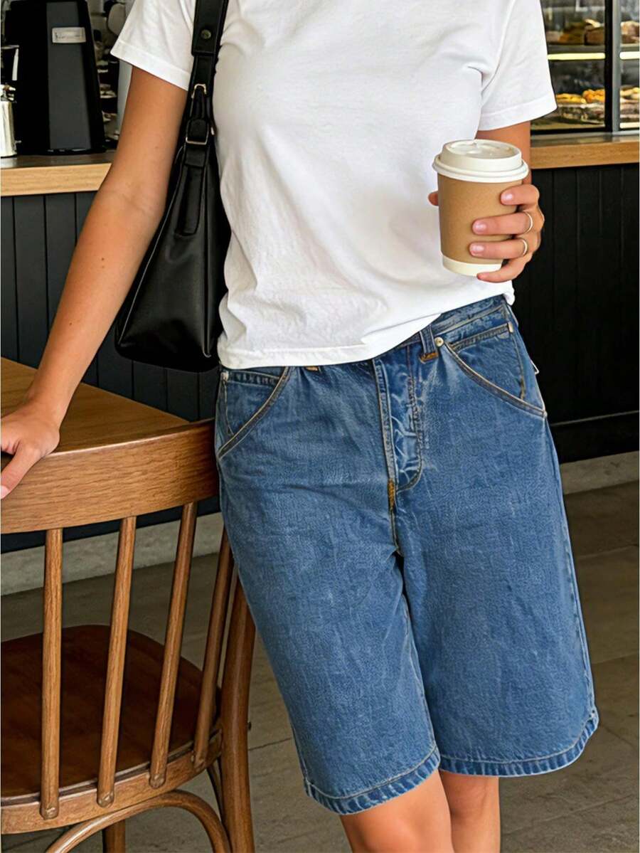 Women's Stylish, Plain-Colored, Loose-Fitting Denim Shorts With A Zip And Button Closure, Knee-Length, Ideal For The Beach And Everyday Wear. - 藍色 - 查看 1