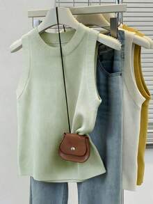 Top de punto de cuello redondo en color sólido para mujer de , minimalista y versátil, para verano. - verde menta - Ver 10