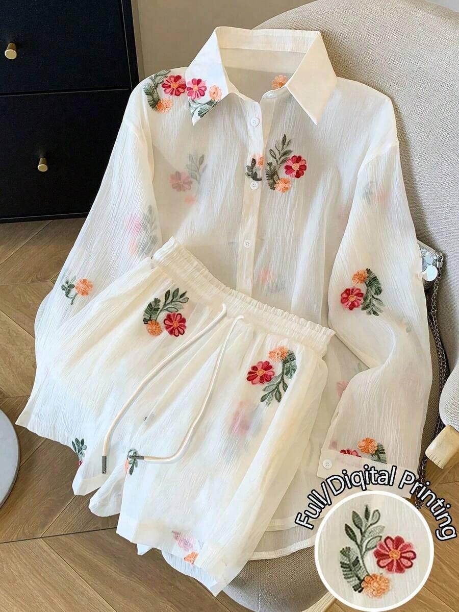 Conjunto de camisa de manga larga de hombros caídos y pantalones cortos de gasa holgada y regular - Blanco - Ver 1