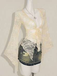 ICON Cárdigan transparente con mangas acampanadas y bajo asimétrico con estampado vintage para mujeres - Albaricoque - Ver 6