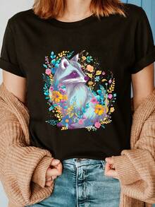 Women's Cotton T-Shirt With Raccoon And Floral Print, Cottagecore Style - Soft, Breathable, Short Sleeve, Crew Neck, Machine Washable, Casual Summer And Spring T-Shirt, Artistic Design, Comfortable Fit - Black - View 2