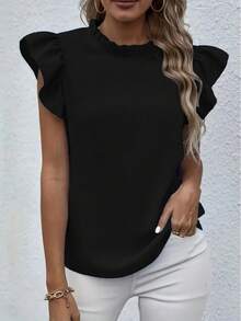 Women's Casual Solid Color Cap Sleeve Blouse, 25398 - Black - View 4