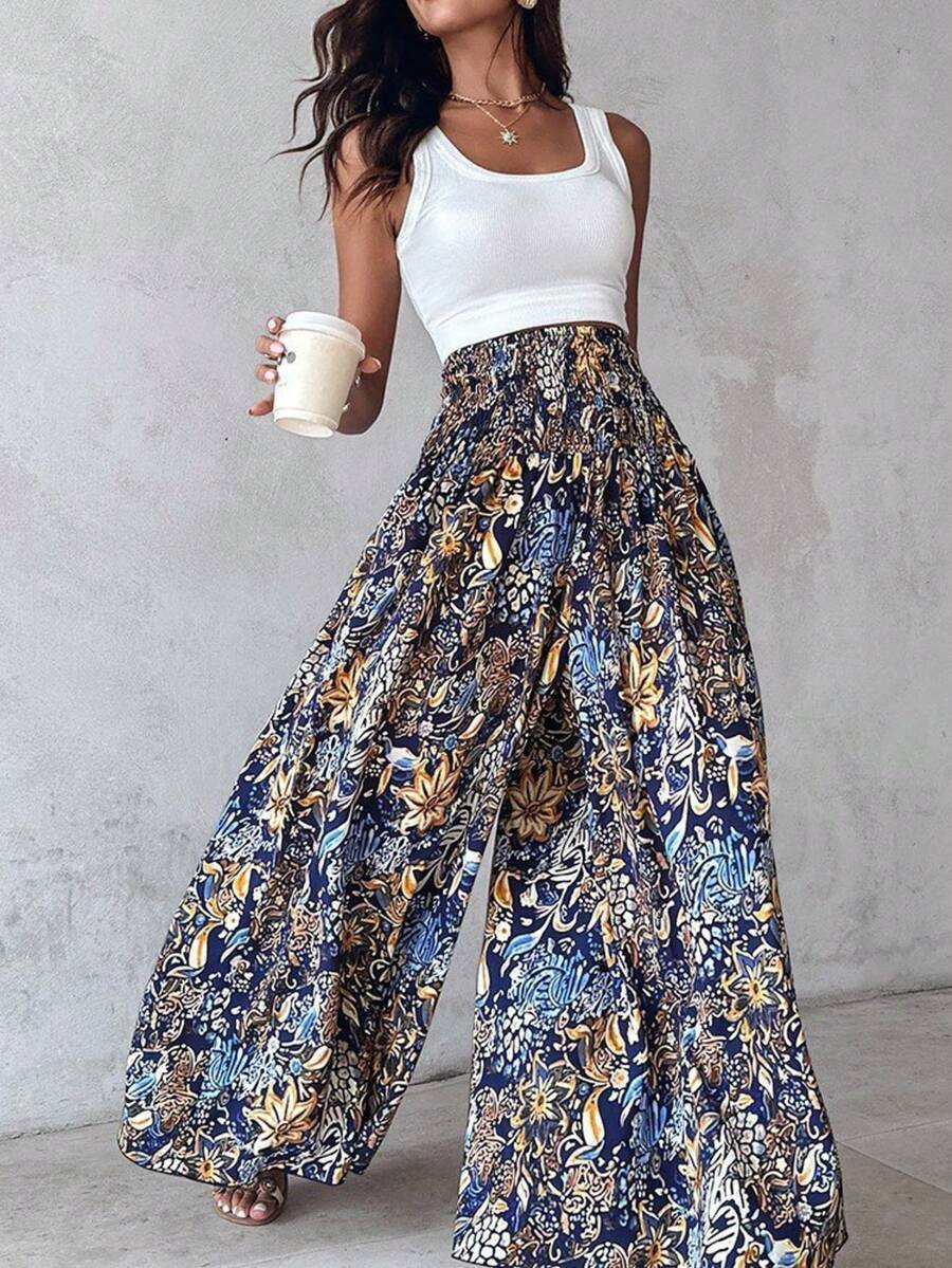 Women's High Waist Elastic All-Over Print Wide Leg Pants - Multicolor - View 1