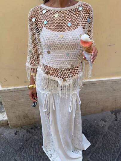 2026 Nueva Blusa Casual de Mujer HoloChill con Bloques de Color y Calado, Blusa Larga de Mujer con Flecos y Lentejuelas de Estilo Bohemio con Cuello Redondo y Bajo Asimétrico Transparente de Gran Elasticidad para Cubrir Traje de Playa, 2026 Nueva Blusa Casual Calada Ligera para Verano, Ropa de Primavera para Mujer, Ropa de Fiesta de Vacaciones para Mujer, Conjunto de Playa para Mujer, Blusa de Verano Elegante para Vacaciones de Mujer