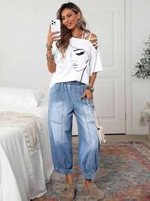 Jeans de uso diario versátil con bolsillos y cintura elástica para mujer - Azul - Ver 5