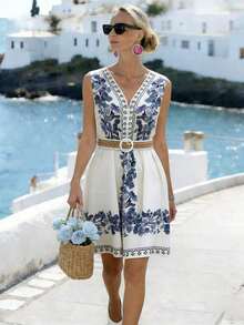 Vestido maxi floral de estilo vacacional decorativo, adecuado para uso diario, elegante y romántico con cuello en V profundo y cinturón para mujeres - Verde Oscuro - Ver 7