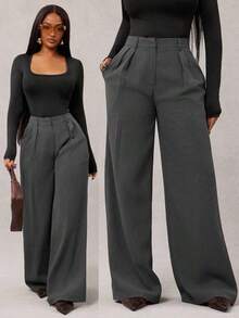 Pantalones anchos de pierna ancha de color café oscuro de moda minimalista para mujeres, pantalones de oficina de pierna ancha de color marrón para mujeres con cintura alta, pantalones de traje marrón para otoño/invierno - Gris - Ver 5