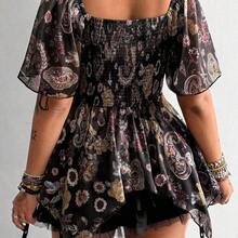 Whyspr Plus Size Square Collar Cinched Waist Asymmetric Hem Blouse - Multicolor - Ver 3