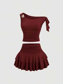 Conjunto de top de tirantes y minifalda plisada y con decoración de flores metálicas para mujer, ideal para el verano - Burdeos - Ver 3