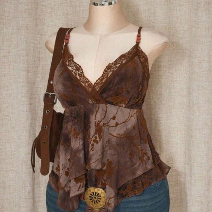 ICON Plus Size Hippie Women Lace Contrast Allover Print Asymmetric Hem Camisole Top, Suitable For Festival, Summer Vacation, Graduation And Back To School - Multicolor - Ver 1