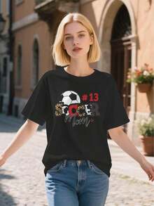 Women's "Soccer Mom Thirteen Mother's Festival Lover" Graphic Print T-Shirt, Fashion Clothing. - 黑色 - 查看 3
