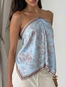 Blusa de mujer elegante con cuello de halter, estampado de tinte anudado y gasa para vacaciones en la playa - Celeste - Ver 8