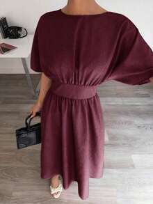 Vestido casual de mujer de manga de murciélago, espalda descubierta, cintura con lazo, largo medio, para verano - Burdeos - Ver 4