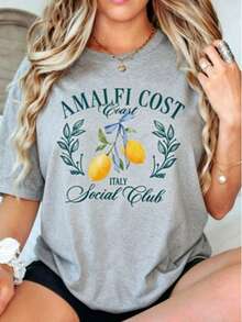 Women's Fall Amalfi Italy Lemon Graphic Tee, "AMALFI ITALY Social Club" Print, 180g Soft Slightly Stretch Cotton Round Neck Short Sleeve Casual Top - 灰色 - 查看 6