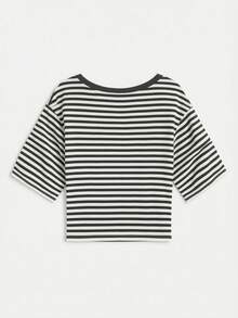 Women's Striped Deep V-Neck Short Sleeve Fitted Knit Top - Dark Grey - View 3