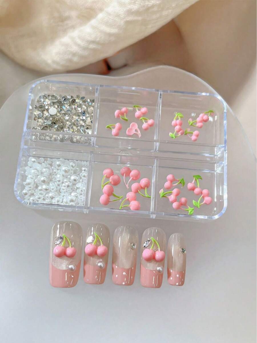 6格粉色樱桃美甲装饰品，珍珠和扁平水钻树脂美甲DIY配件 - 彩色 - 查看 1