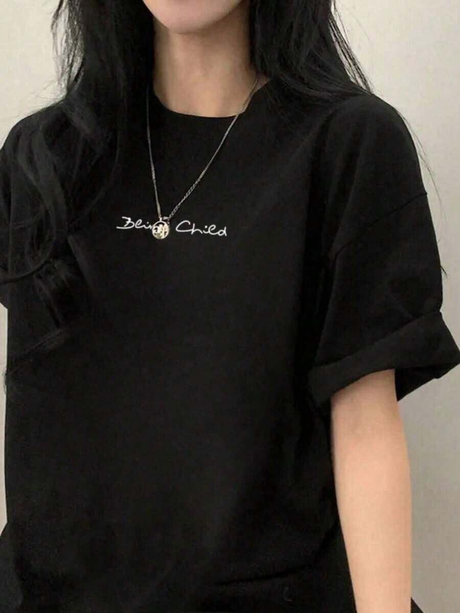Women's Graphic Print T-Shirt, Lightweight Cotton Summer Top With Letter Print, Loose Fit, Drop Shoulder, Crew Neck, Casual, Plus Size, 100% Pure Cotton - 黑色 - 查看 1