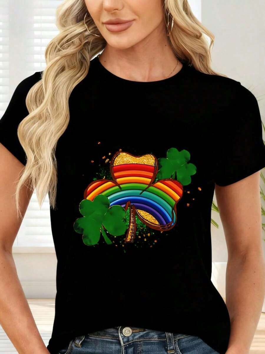 GiftCamiseta de Manga Corta Negra con Estampado de Arco Iris, Trébol y Tesoro de San Patricio - Ideal para Fiestas de San Patricio y Ocasiones Casuales Adapta a situaciones cotidianas, casuales y es versátil para combinarSoft - Negro - Ver 1