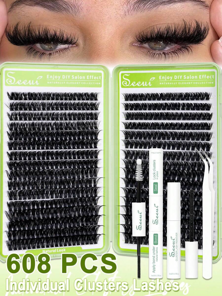608pcs Individual Eyelash Cluster, Eyelash Extension Kit, 80D, 100D DIY Eyelash Set Includes Eyelash Glue And Makeup Remover, Eyelash Curler, Create 3D Volumized Eye Makeup, DIY Eyelash Extension Kit For Home Use - Black - View 1