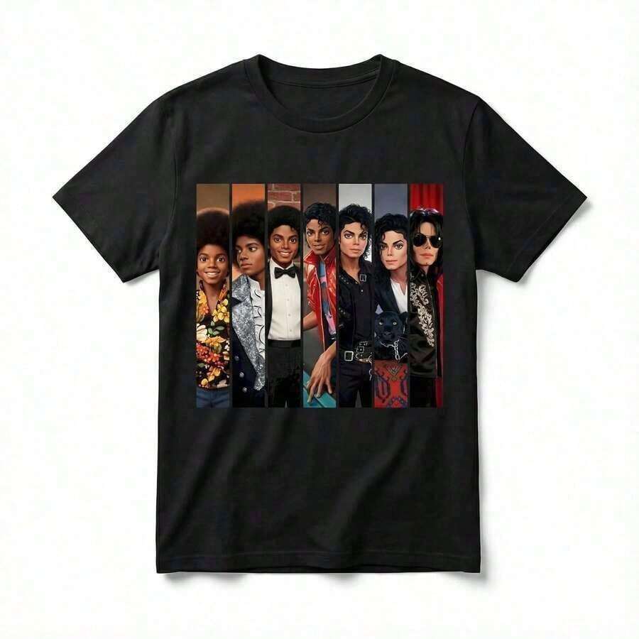 Vintage Collage King Of Pop T-Shirt, Y2K Style Casual Sportswear, Unisex Summer Vacation T-Shirt For Men And Women - 黑色 7 - 查看 1