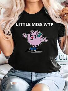Talla Grande - Talla Grande - (Señorita Perpleja) Camiseta Negra con Estampado de Dibujos Animados para Mujer, Moda Casual de Manga Corta Talla Grande, Tela, Cuello Redondo, Estilo Jersey, Adecuada para Usar en las 4 Estaciones, Regalo Perfecto - Negro - Ver 6