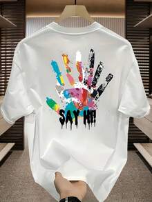 Men's Graphic T-Shirt - Back Print With Colorful Handprint And The Phrase "SAY HELLO!" Lightweight And Breathable Polyester T-Shirt For Summer, Gym, Casual Daily Wear - Regular Fit Crew Neck T-Shirt, Gym Wear, Breathable Fabric, Outdoor Activities, Y2k Design, Soft Texture, Short Sleeve T-Shirt, Summer Wardrobe. - 白色 - 查看 10