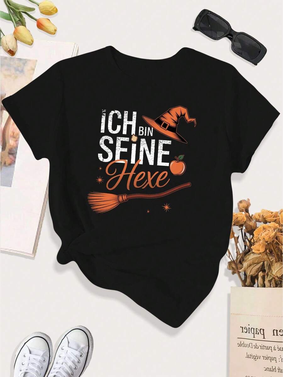 [Print Design]Women's Large German Witch Quote T-Shirt - Grey Casual Round Neck With German Text & English Translation "Ich Bin Sîne Hexe" (I Am My Witch) - Witch Hat & Broomstick Design - All-Season Fit For German Language Learners & Witch[Suitable For Leisure And Sports Activities] - Multicolor - View 1