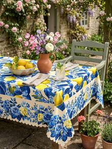 1pc Blue Lemon Floral Print Tablecloth Rectangular Table Cover Mediterranean Style Polyester Fabric Waterproof Oilproof Tablecloth Lemon Pattern Blue Flower Table Cloth Elegant Vintage Farmhouse Table Cover For Dining Table Kitchen Table Outdoor Patio Garden Picnic Party Wedding Holiday Summer Spring Home Decor - Multicolor - View 6