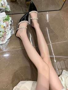 女款鉚釘平底一腳蹬鞋，粗跟低跟尖頭封趾半後跟穆勒鞋，戶外穿著新款，水鑽裝飾，PU皮革與軟皮材質 - 黑色 - 查看 7